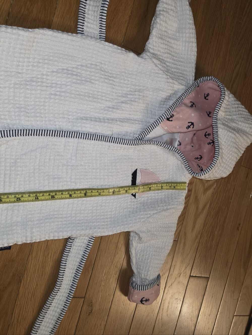 Nautica Infant 0-9 Mth Cream Waffle-Knit Kids Hooded Robe Pink Sailboat Lining - Picture 10 of 13